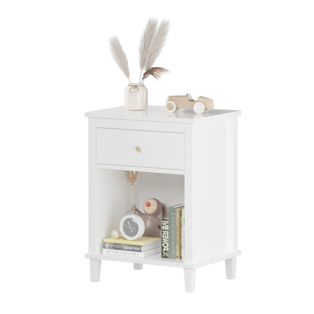 Nightstand with Drawer, 26.77''H Wooden Nightstand with Drawer & Open Storage Shelf, Modern Bedside Table for Kids, End Table for Living Room Bedroom, White