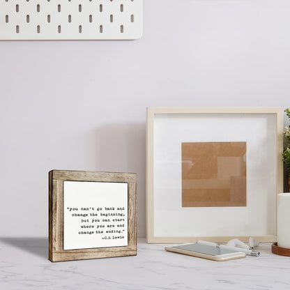 Inspirational Quotes Office Decor Sign, Farmhouse Wood Sign, You Can Start Where You are and Change the Ending, Positive Desk Top Decor for Home Office Living Room 5.9X5.9 Inches