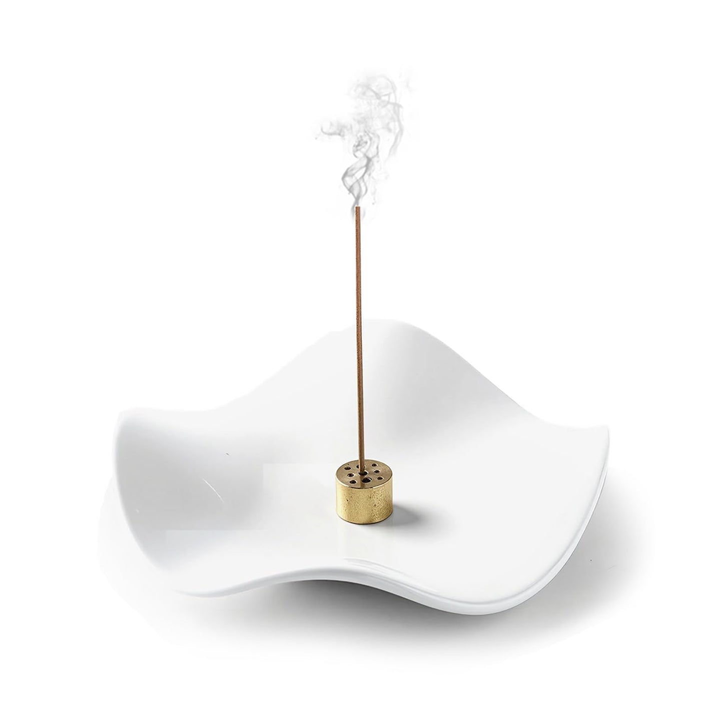 6.7 "Ceramic Incense Burner for Incense/Coil,Wavy Base with Brass -Incense Holder for Sticks,with Ash Catching Bowl for Meditation Yoga and Home Decoration (White)
