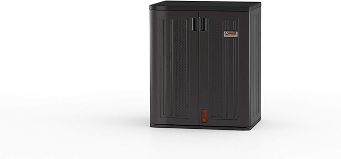 Suncast Heavy-Duty Resin Outdoor Storage Cabinet, 30" W x 20.25" D x 36" H Dark Grey Base Garage Storage Cabinet with Lockable Doors and Metal Reinforced Shelves, Made in The USA