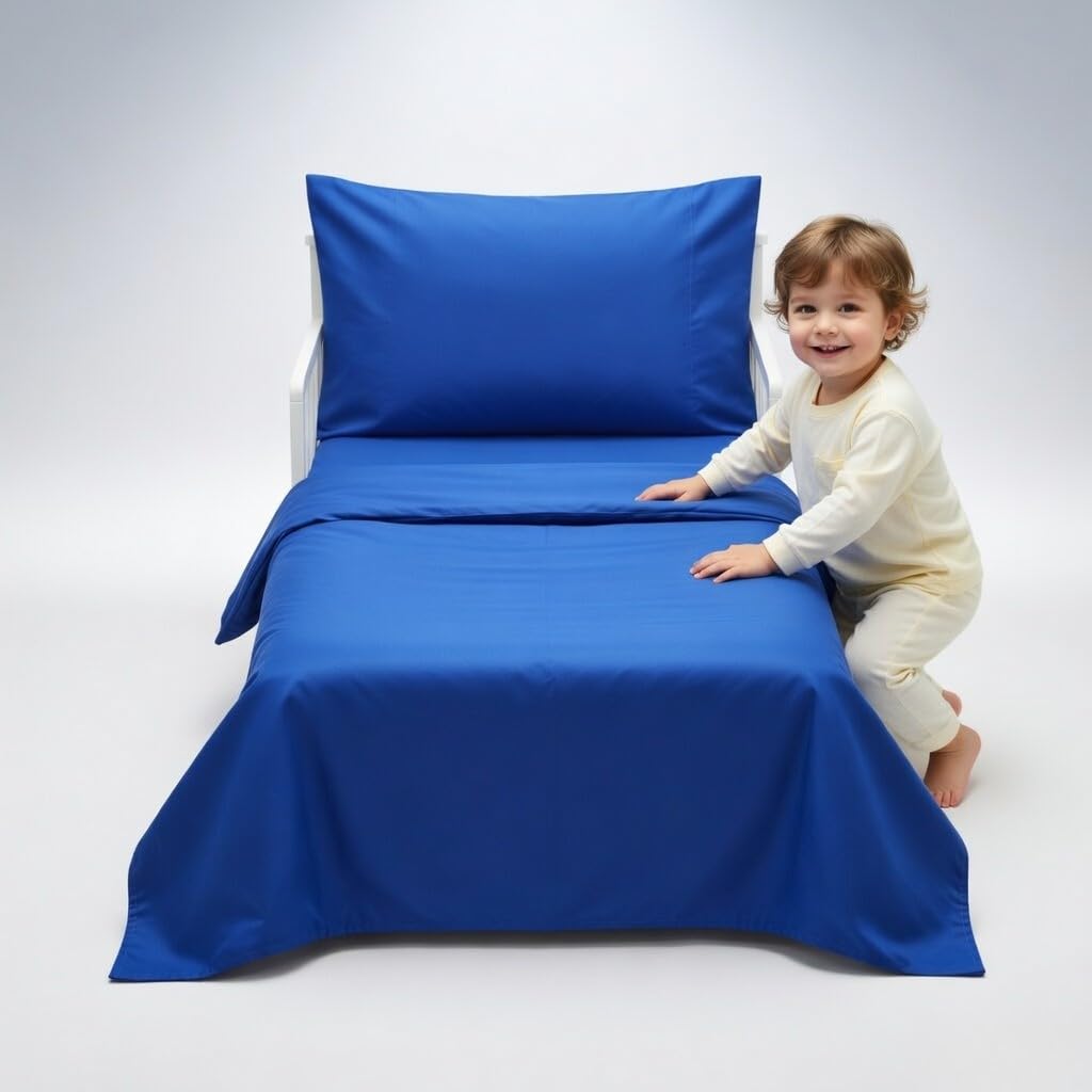 EVERYDAY KIDS 4 Piece Toddler Bedding Set - Includes Comforter, Flat Sheet, Fitted Sheet and Reversible Pillowcase - Solid Navy