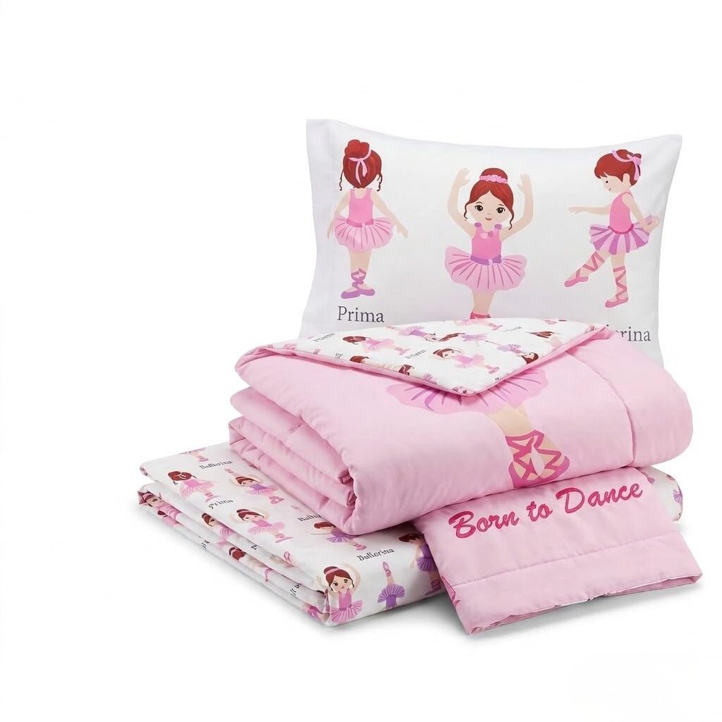 EVERYDAY KIDS 4 Piece Toddler Bedding Set -Born to Dance Ballerina- Includes Comforter, Flat Sheet, Fitted Sheet and Reversible Pillowcase