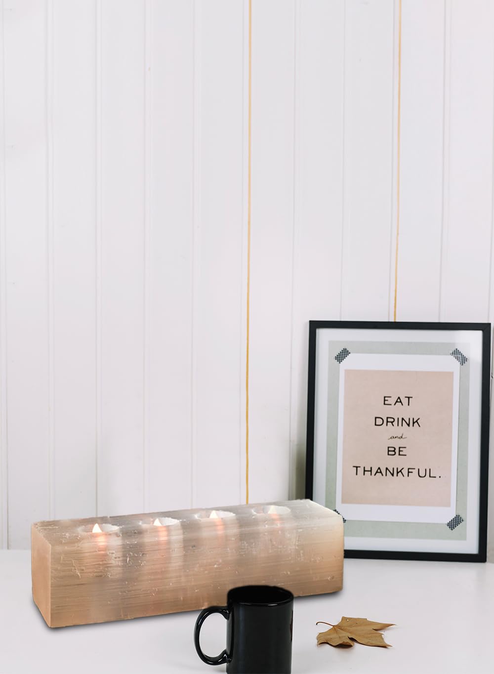 Serene Spaces Living Selenite Tealight Candle Holder Log, 3.5" x 12.5" Natural Crystal Decorative White Votive Candlestick Holder for Kitchen, Tables, Wedding, Parties, Event Decor Centerpieces