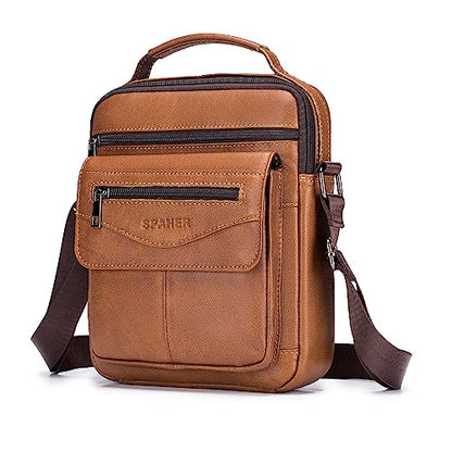 SPAHER Men Leather Handbags Shoulder Bags Messenger Business Bag Crossbody Satchel Sling Waterproof Travel Bag Daily Man Bag with Adjustable Shoulder Strap for Ipad 11 Inch Brown