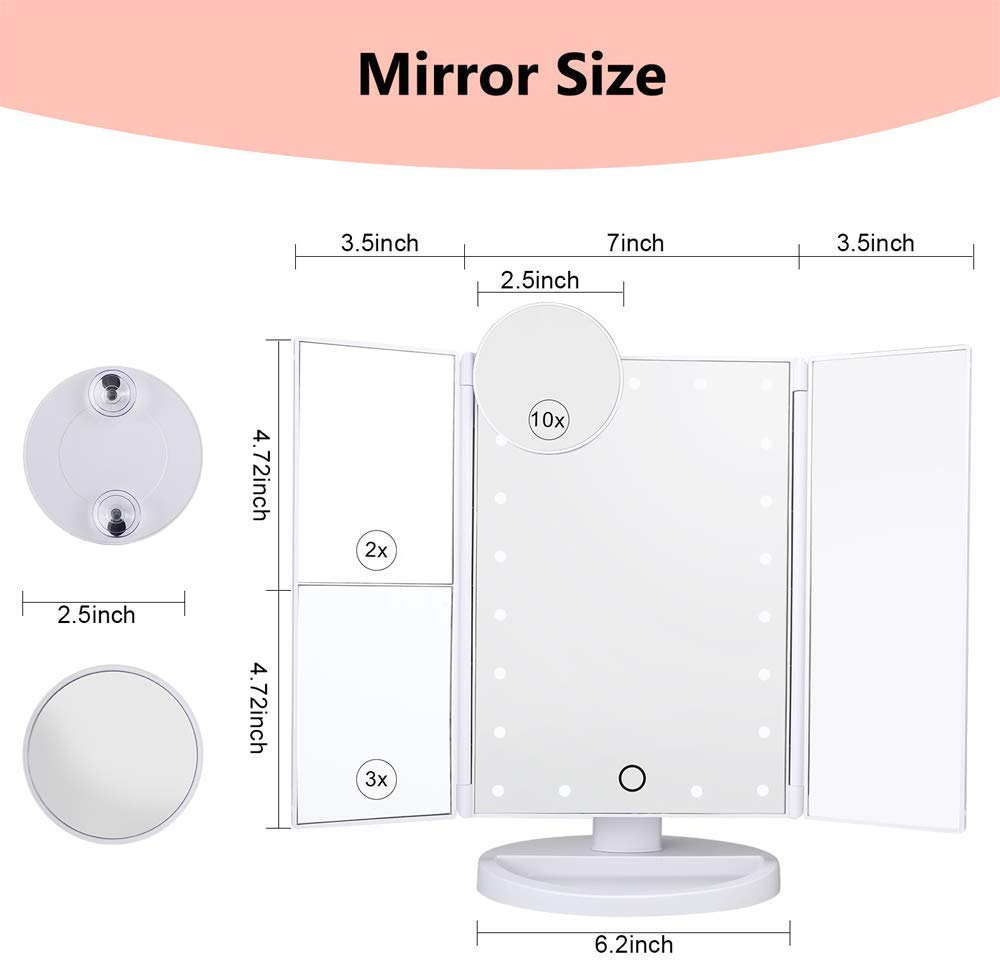 PUVLISZ Vanity Cosmetic/Makeup Mirror with 22 LED Lights, Touch Screen, Magnification Tri-Fold 2X 3X Magnifying, 180° Free Rotation, Dual Power Supply White