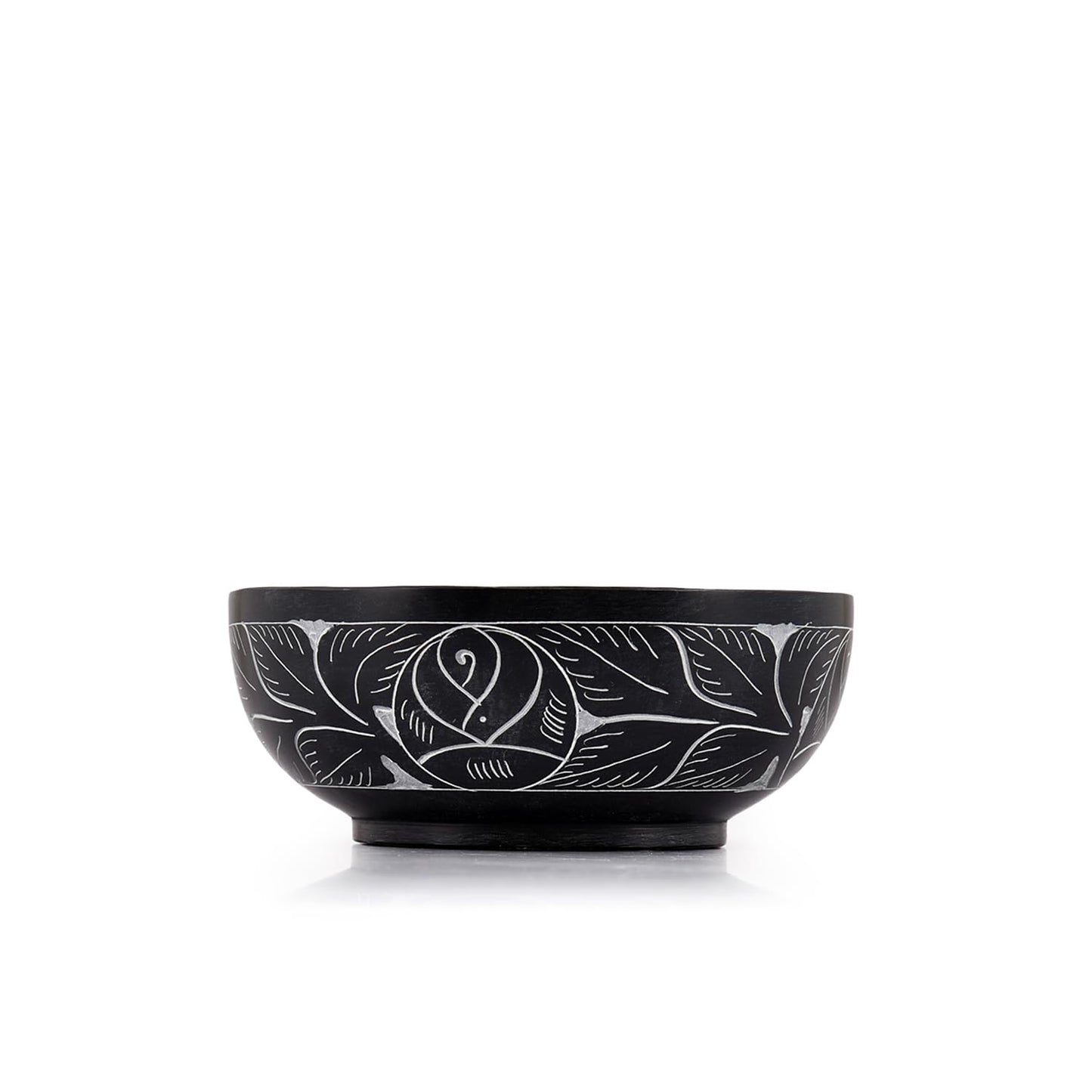 Kaizen Casa Hand Carved Natural Stone Smudge Bowl, White Leaf Design | Size 5' x 2' Black Ritual Bowl Display Jewelry Dish Kitchen Table Decor Gift