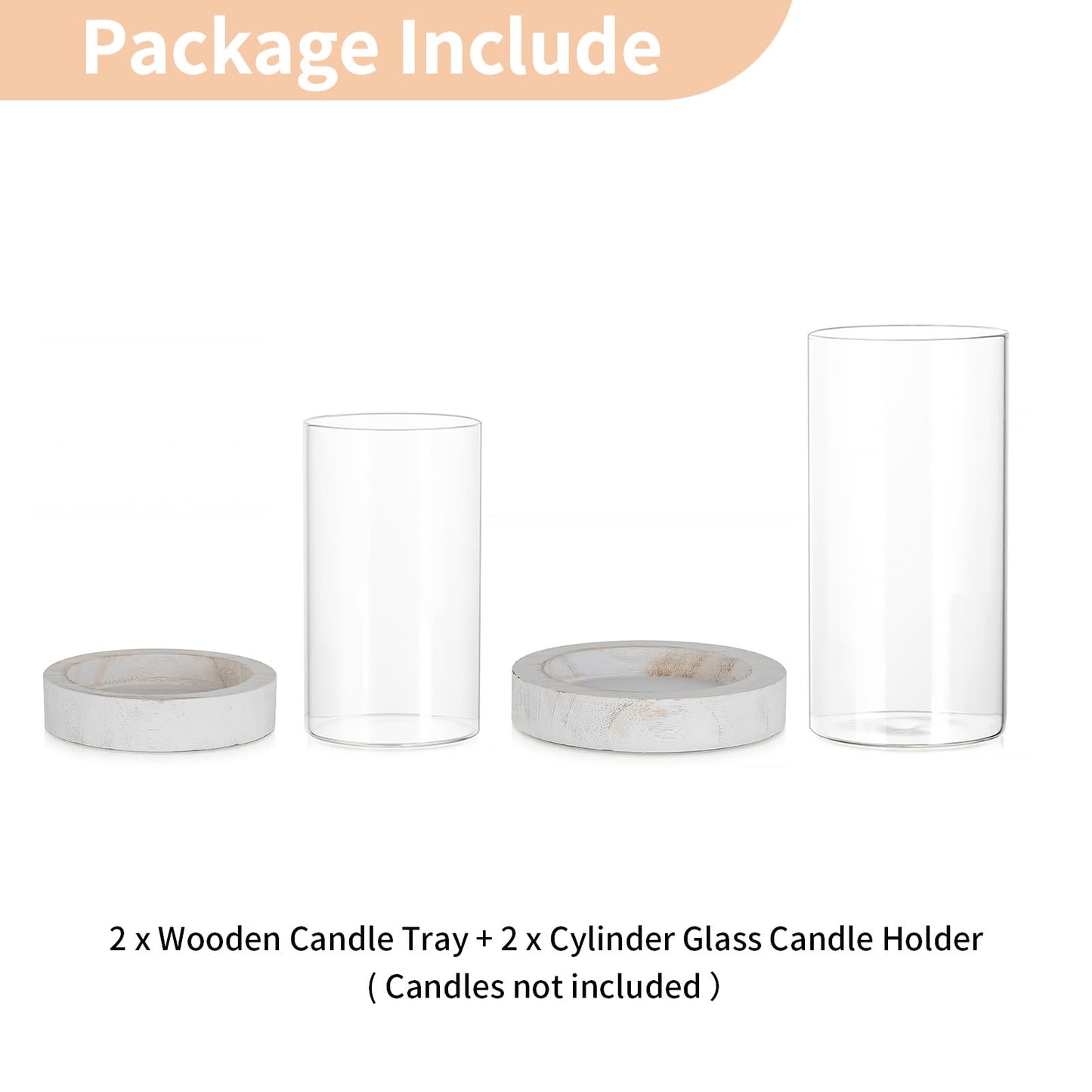 NUPTIO Hurricane Candle Holder for Wedding: Glass Cylinder Vase with Distressed White Wood Plate - Set of 2 Tall Pillar Candles Holder for Christmas Thanksgiving Holiday Decoration