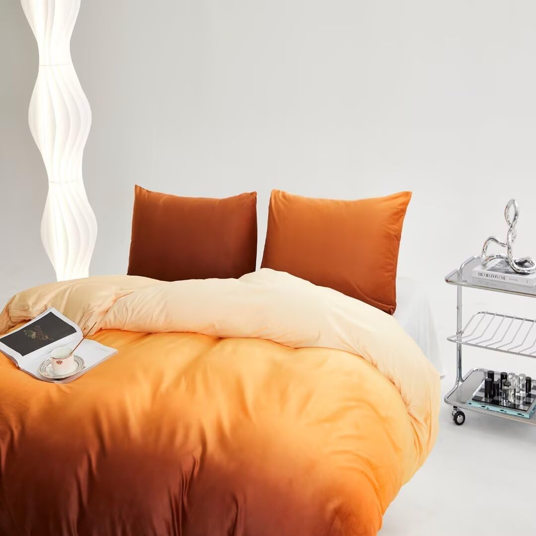 CLOTHKNOW Dark Orange Velvet Duvet Cover Set Queen 3Pcs Orange Yellow Bedding Sets Rust Beige Fluffy Bedding Duvet Cover Sets Queen Soft Flannel Bedding Queen Sets