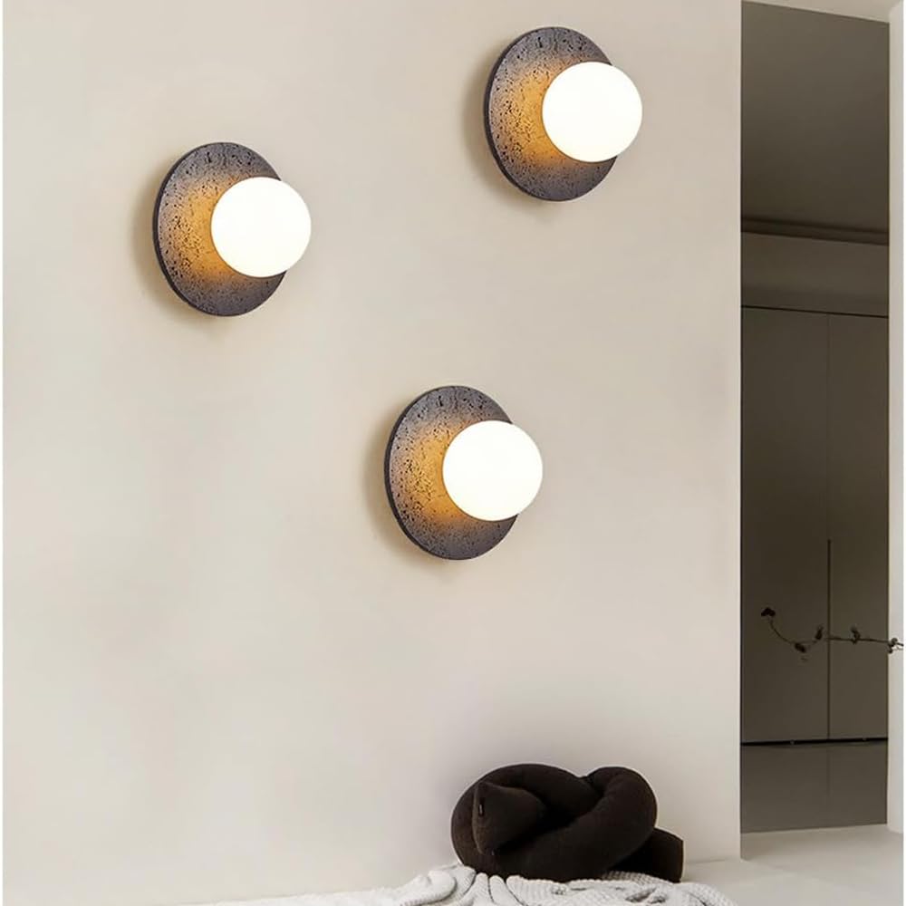 BFFGKGL Modern Natural Black Travertine Hallway Wall Sconce Nordic Creativity Round Transmittance Glass Bedside Wall Light Japanese Minimalist Aisle Wall Lamp For Living Room Stairs Living Room Balcon