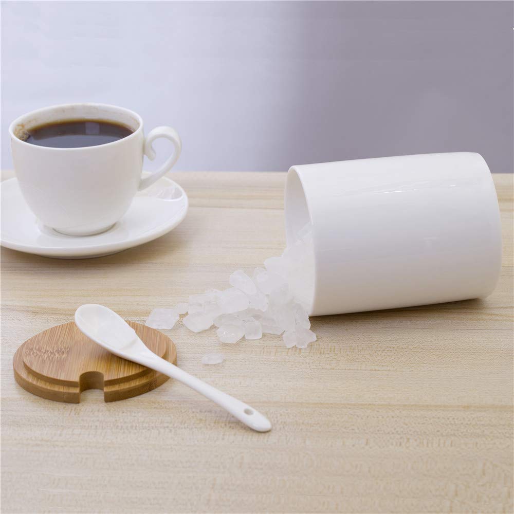 Lucky Goddness Ceramic Sugar Bowls with Bamboo Lids and Spoons-June Sky Muti-Functional Round Condiment Jar for Home- Spice Storage Canister,10.8 oz 320 ML,3 Pcs Set