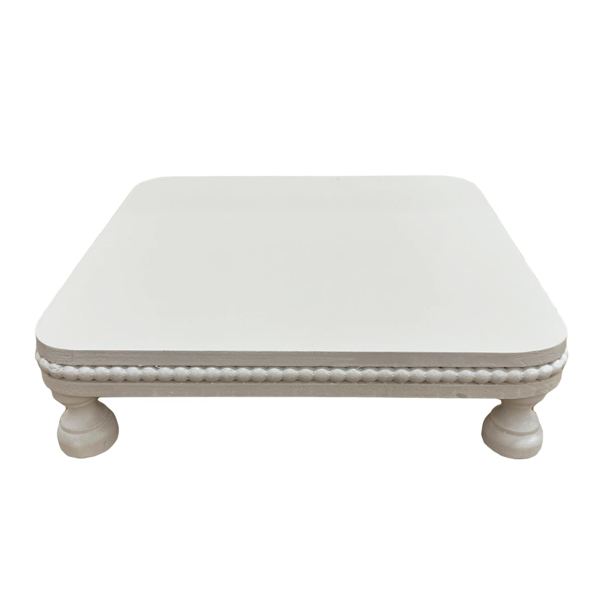 dwellington Farmhouse Display Wood Riser, 12" Decorative Beaded Pedestal Stand, Square Tiered Tray Decor for Kitcher Decor, Countertop (White)
