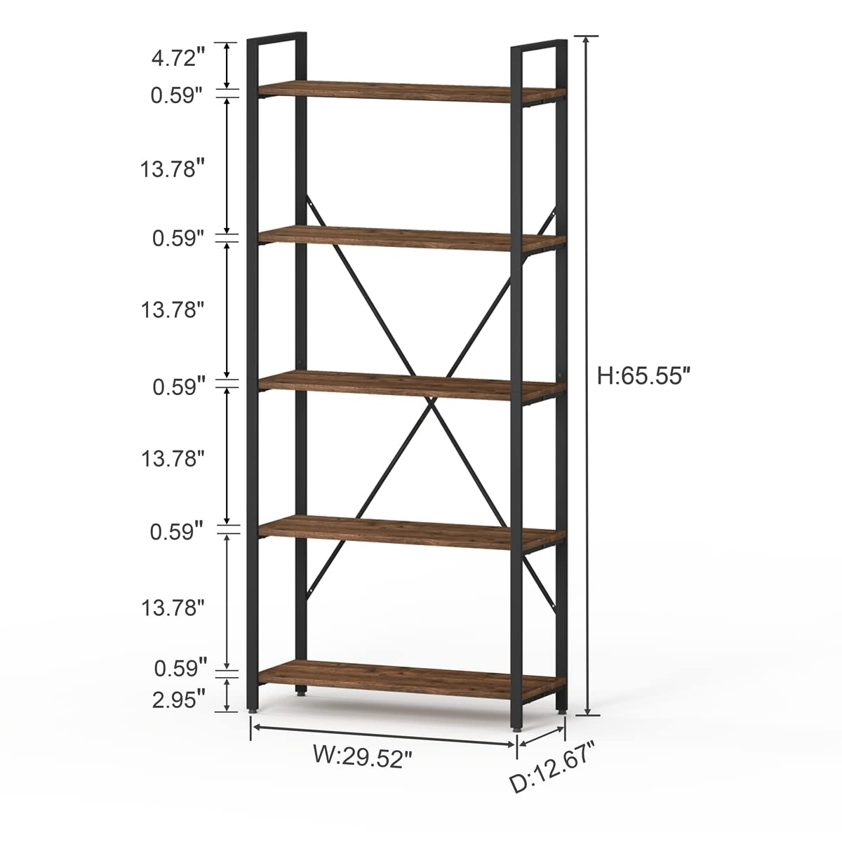BON AUGURE Industrial Bookshelf, Etagere Bookcases and Book Shelves 5 Tier, Rustic Wood and Metal Shelving Unit (Rustic Oak)