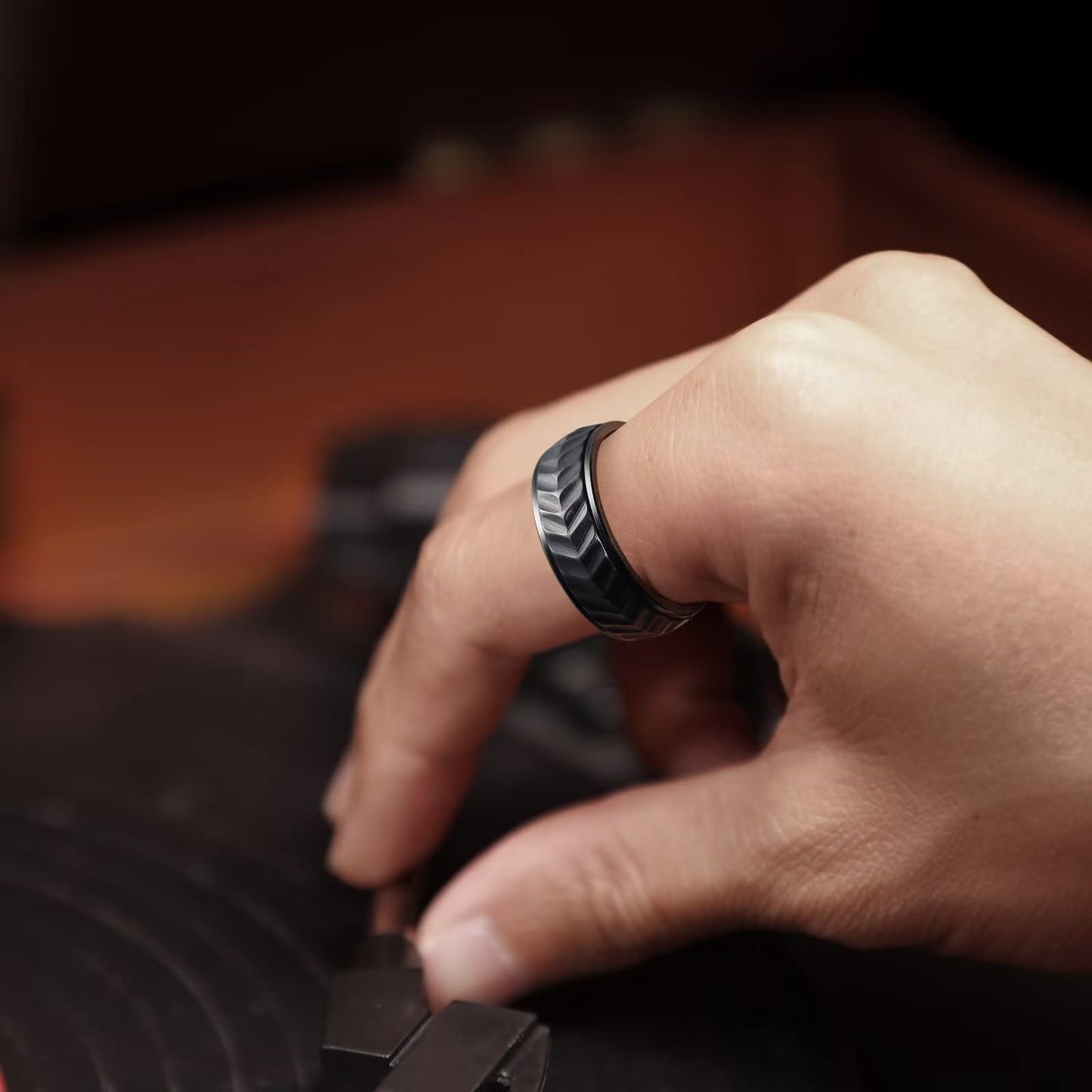 King Will Mens Black 8mm Spinner Rings Tire Stripe Groove Stainless Steel Anxiety Fidget Ring for Men 13