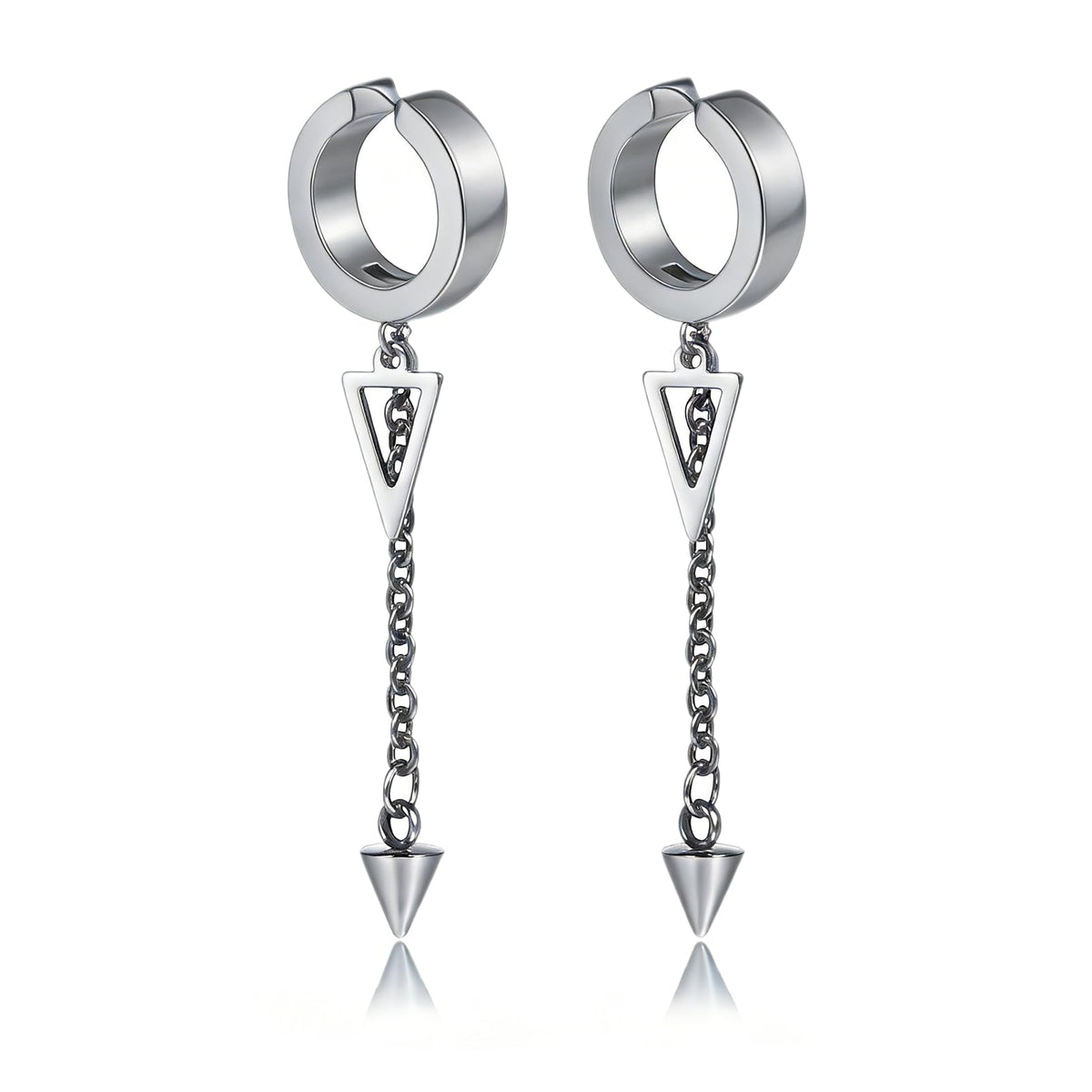 Fusamk Punk Rock Stainless Steel Triangle Ear Clip Earrings Spike Long Chain Dangle Earrings(Silver)
