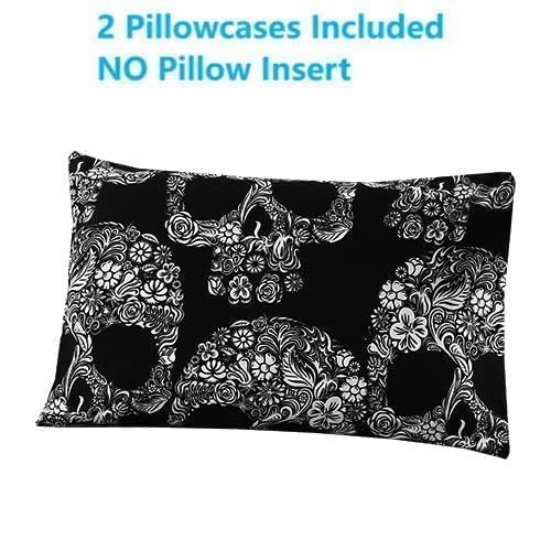 SDIII Gothic Skull Queen Fitted Sheet with 2 Pillowcases, Not Including Flat Sheet, Soft Microfiber Deep Pocket Halloween Goth Bedroom Decor Queen
