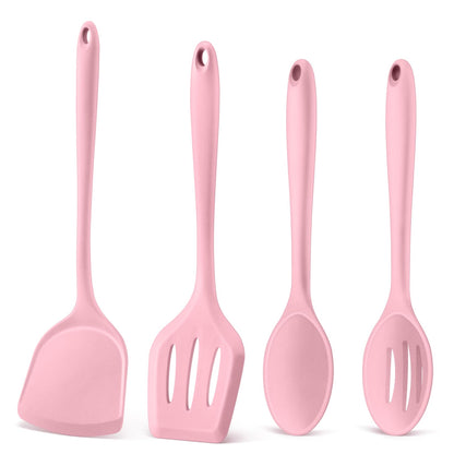 P&P CHEF Kitchen Utensil Set, 4 Pieces Non-stick Silicone Cooking Utensils, Heat-resistant Slotted Solid Spoon Turner for Frying, Mixing, Serving, Non-toxic & Easy to Clean, Pink
