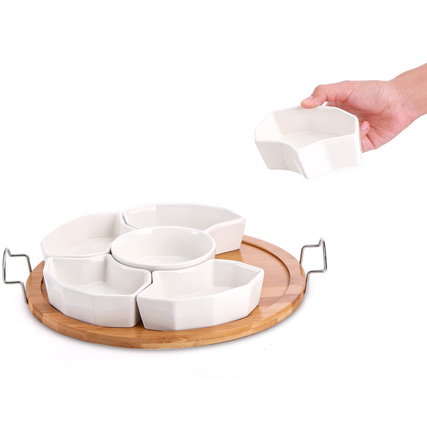 ZENFUN Chip and Dip Serving Set, 11'' Divided Serving Platters Tray for Party, 6-Compartment Removable Appetizer Snack Dishes, Round Sectional Serving Platter for Fruits, Condiment