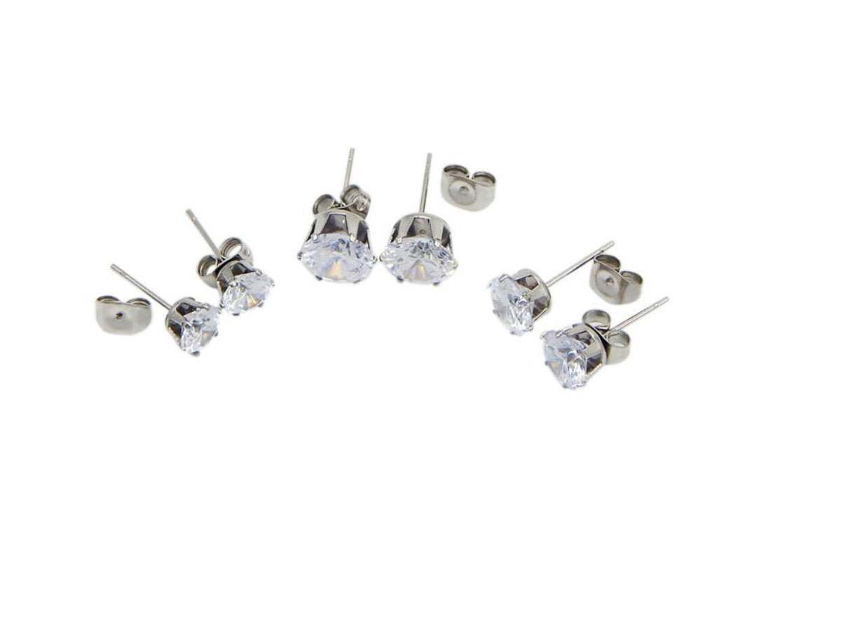 Stainless Steel Stud Earrings Hypoallergenic Cubic Zirconia (6Pairs) (Silver)