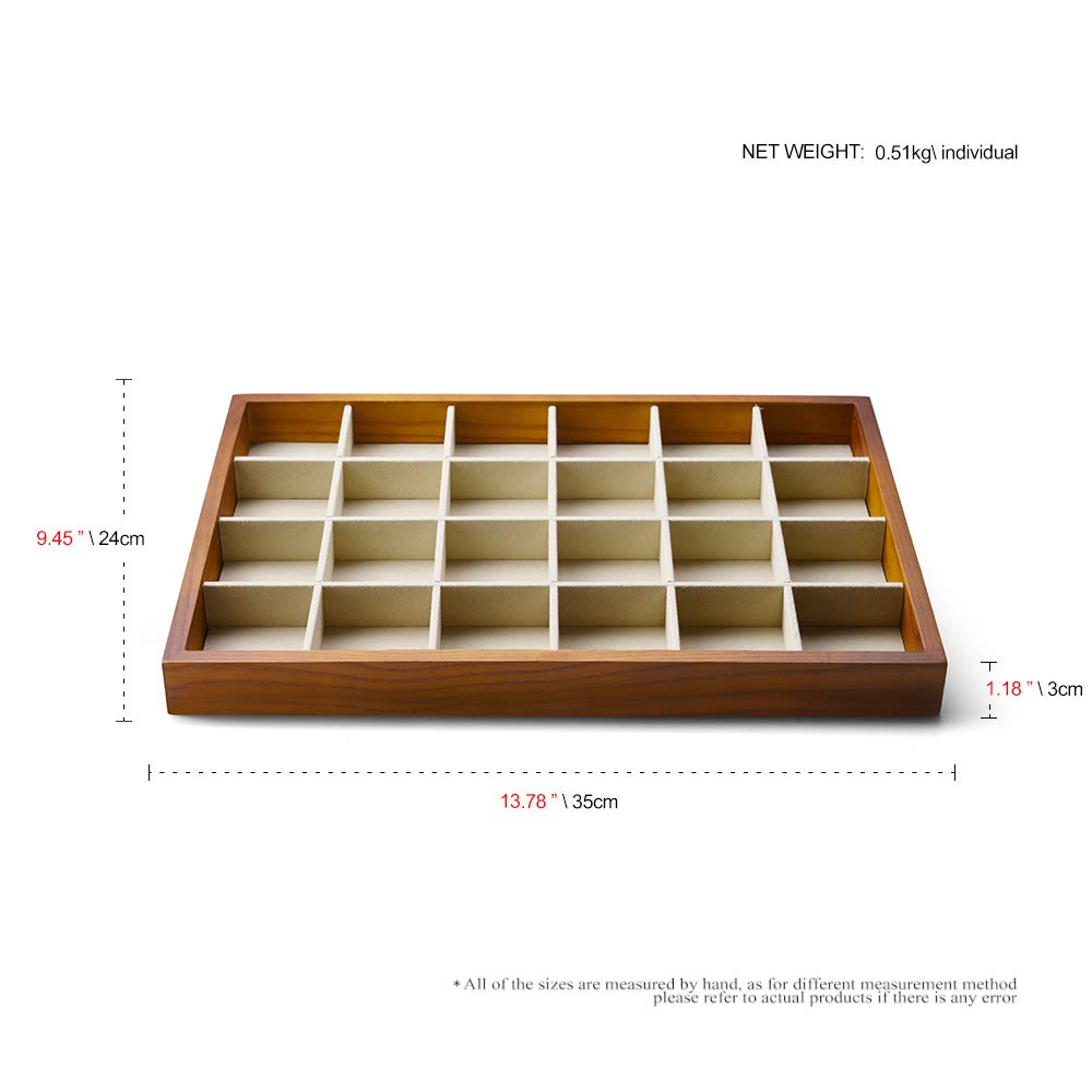 Oirlv 24 Grid Wood Jewelry Tray Microfiber Interior Jewelry Drawer Organizer Showcase Display Box Ring Earrings Holder