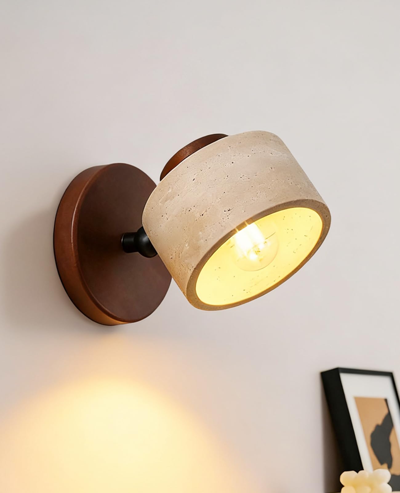 WOSBO Yellow Travertine Wall Lamp, 4.7" Wabi Sabi Marble Wall Sconce with Adjustable Natural Stone Lampshade & Wood Base, Mid Century Modern Wall Sconce for Bedside Bedroom Living Room Kitchen Island