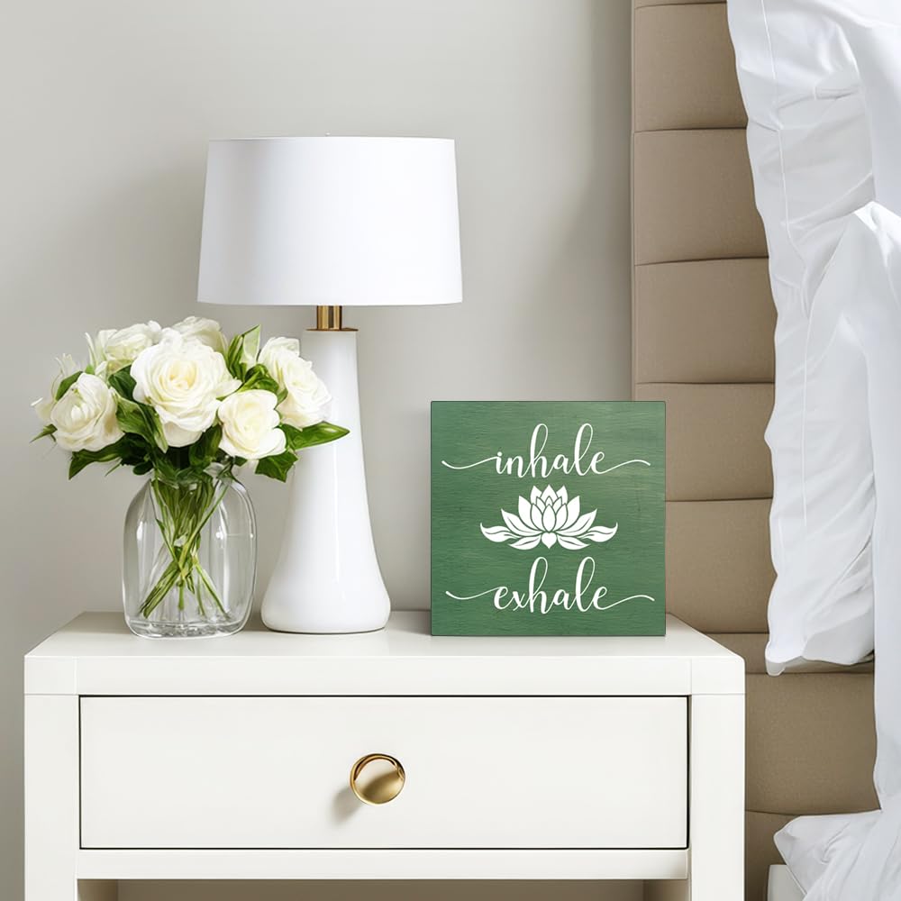 Pishovi Inhale Exhale Wooden Box Sign, Lotus Inhale Exhale Mindful Wood Door Sign for Home Office Farmhouse Bedroom Yoga Spa Room, Meditation Quote Plaque Gifts for Women Friend Coach Yoga Lover
