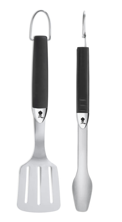 Weber Premium Grill Tool Set - Compact, 2-Piece Made of Stainless Steel, consisting of Grill Tongs (38cm) and Turner (35cm), with Practical Handles, Dishwasher Safe - Silver (6645)