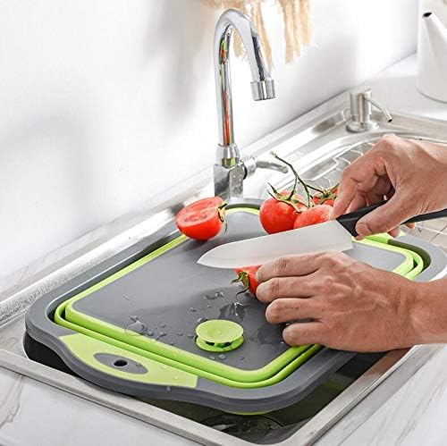 YZWDTGS Collapsible Cutting Board with Colander, Foldable Multi-function Kitchen Plastic Silicone Dish Tub, Fruits Vegetables Wash and Drain Sink Storage Basket (Green)
