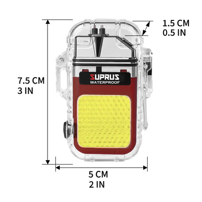 SUPRUS Waterproof 3 Modes of Flashlight Windproof Lighter Dual Arc Electric Rechargeable Dual Arc Plasma Lighter with Survival Emergency Whistle and Lanyard (Red)