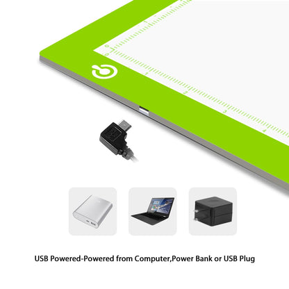 LitEnergy Portable A4 LED Copy Board Light Tracing Box, Green Ultra-Thin Adjustable USB Power Artcraft LED Trace Light Pad for Tattoo Drawing, Streaming, Sketching, Animation, Stenciling