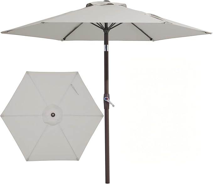 JEAREY 7.5FT Patio Umbrella Market Table Umbrella with 6 Sturdy Ribs, Push Button Tilt/Crank Outdoor Umbrella for Garden, Deck, Backyard, Pool and Beach,Light Grey
