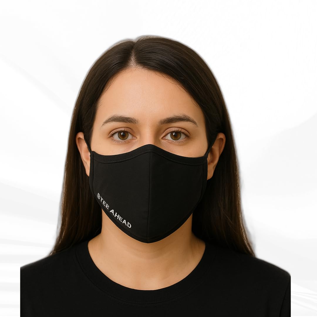 Step Ahead ® | 5 Pack Triple Layer Cotton Black Face Mask (Pack of 5) Unisex Reusable Fashion Washable | Nano Mesh Water Repellent Layer- Protects from Dust, Pollution, Droplets