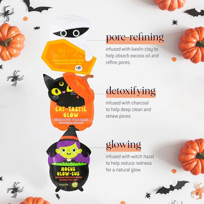 SpaLife Beauty Halloween Face Mask Spooky Glow Bundle | Korean Facial Masks | Pore-Refining, Detoxifying, and Brightening Face Mask Set | Halloween Gifts for Women | Facial Sheet Masks | 12 Pack