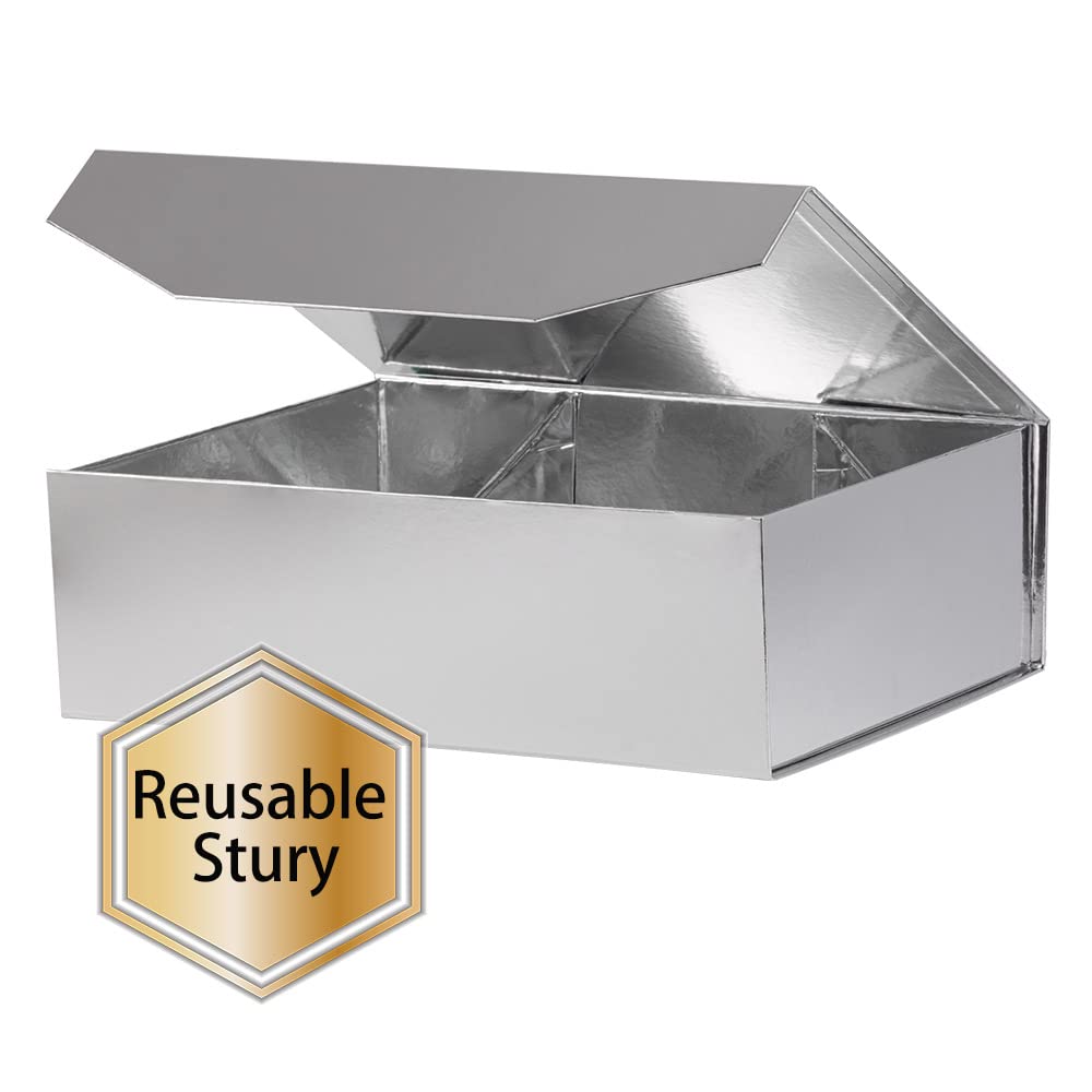 PACKGILO 1Pcs 13x9x4 Inches Silver Gift Boxes with Lids for Presents Magnetic gift box large Gift Box for Bridesmaid Proposal，Groomsman (Glossy Silver)