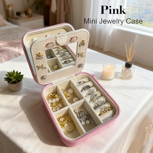 Zyvora Travel jewelry case Travel jewelry box Travel Jewelry Organizer Small box Gift for Girls Women with Mirror (Pink + R)