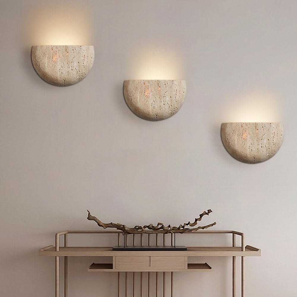 XYHAZCSM Modern Marble Yellow Travertine Wall Sconce LED G4 3000K Wall Lamp Semi Circle Natural Stone Shade Wall Light Japanese Style Wabi-Sabi Art Lighting Fixture For Farmhouse, Foyer, Entryway, Sta