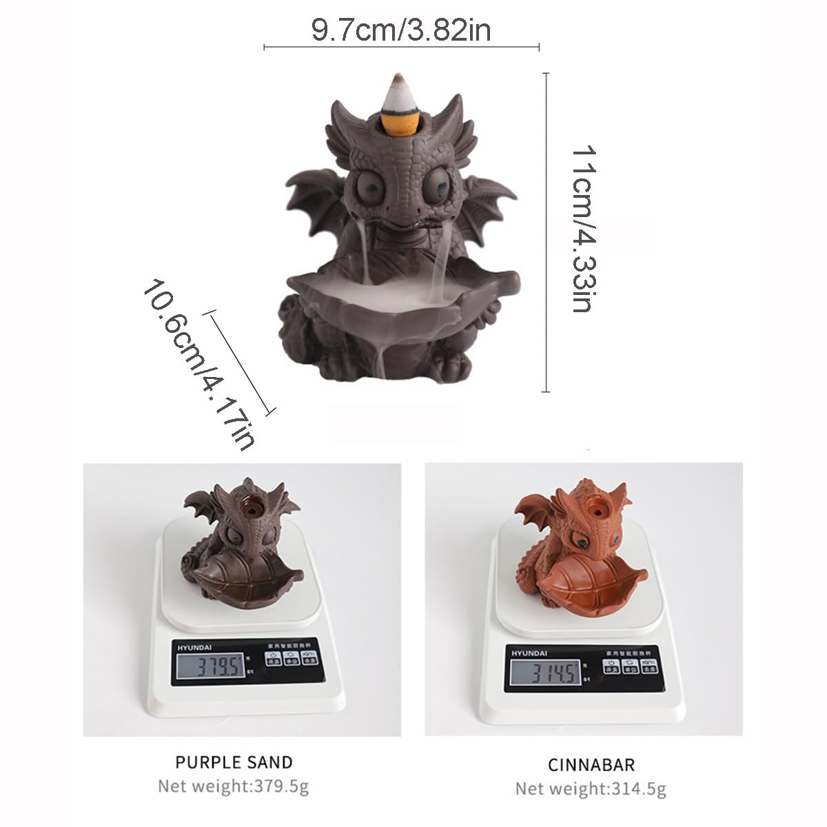 Ceramic Dragon Incense Burner, Cute Dinosaur Backflow Incense Holder with 20 Incense Cones, Tweezers, Mat, Aromatherapy Home Decoration for Spa Yoga Meditation (Brown)