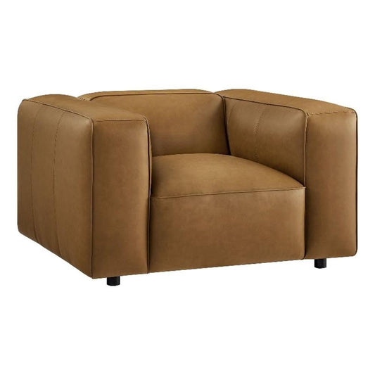 Modway Auren Vegan Leather Modular Armchair in Camel - Faux Leather Club Chair - Mid Century Modern Single Sofa Chair - Oversized PU Leather Accent Chair for Living Room or Apartment