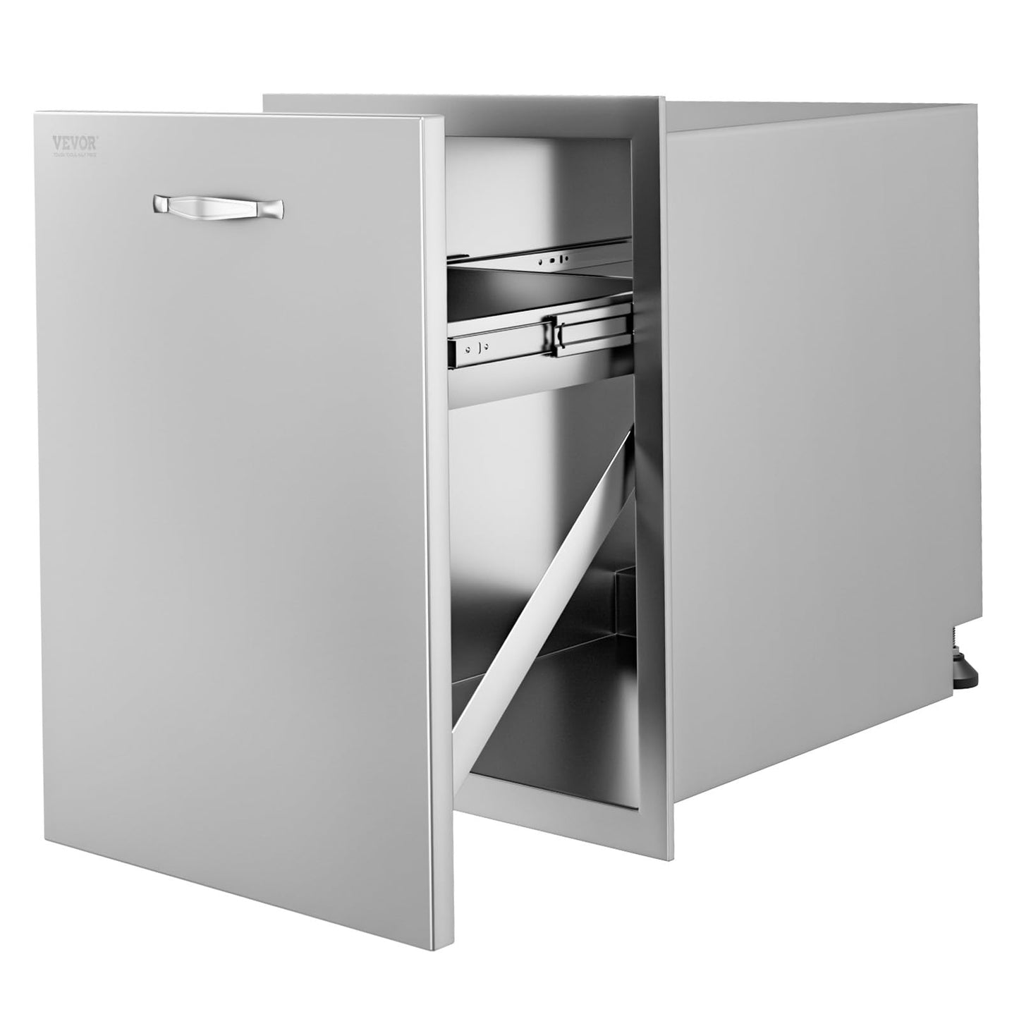 VEVOR Outdoor Kitchen Trash Drawer 17.7W x 25H x 22.8D Inch, Stainless Steel Trash Drawer with Handle and Pull-Out Tray, Outdoor Pull Out Kitchen BBQ Island, Trash Can NOT Included