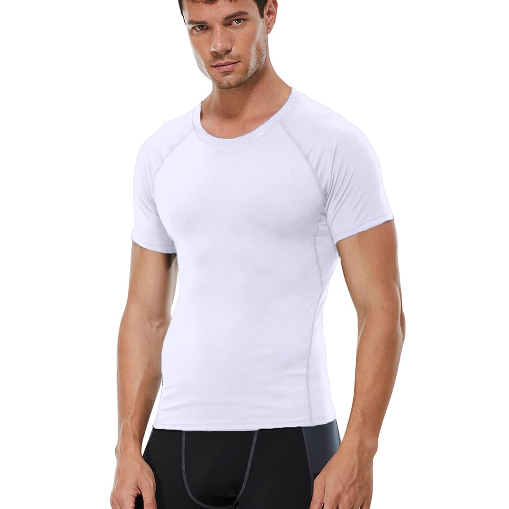 CARGFM Compression Shirt Men, Short Sleeve T-Shirt Cool Dry Tops Baselayer Undershirts for Workout Athletic Running Gym Football Basketball White