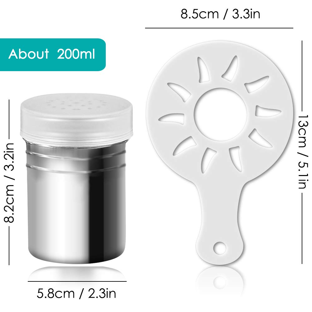 2 Pcs Stainless Steel Dredges and Powdered Shaker with 16 pcs Printing Molds Stencils, SENHAI Salt Pepper Coffee Cocoa Cinnamon Power Can with Hole or Fine-Mesh Lid for Kitchen Baking Cooking
