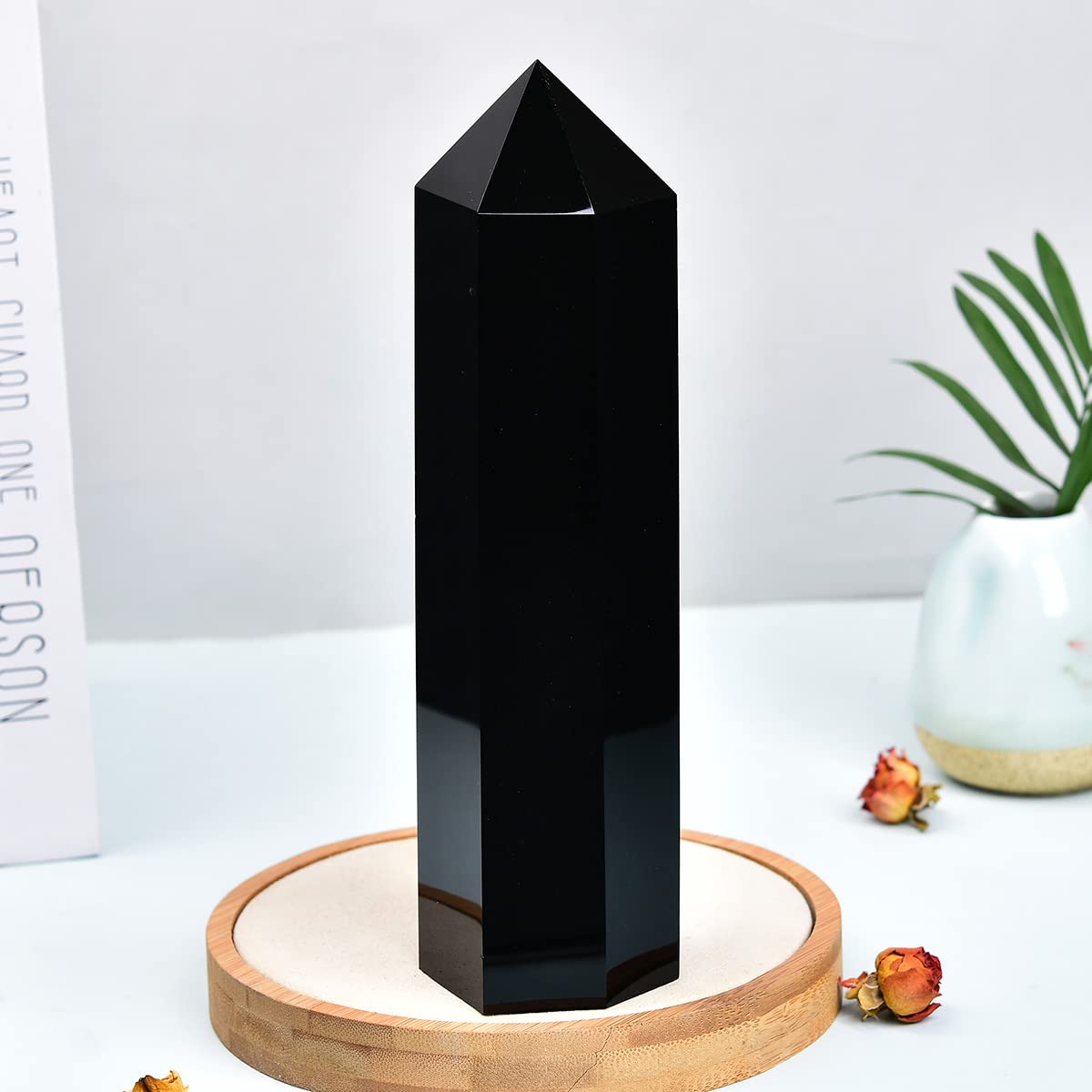 MOGEMT Large Black Obsidian Crystal Tower Natural Healing Crystal Point Wand Obelisk 6 Faceted Reiki Chakra Meditation Therapy Home Decor Gift 1.5-2 LBS