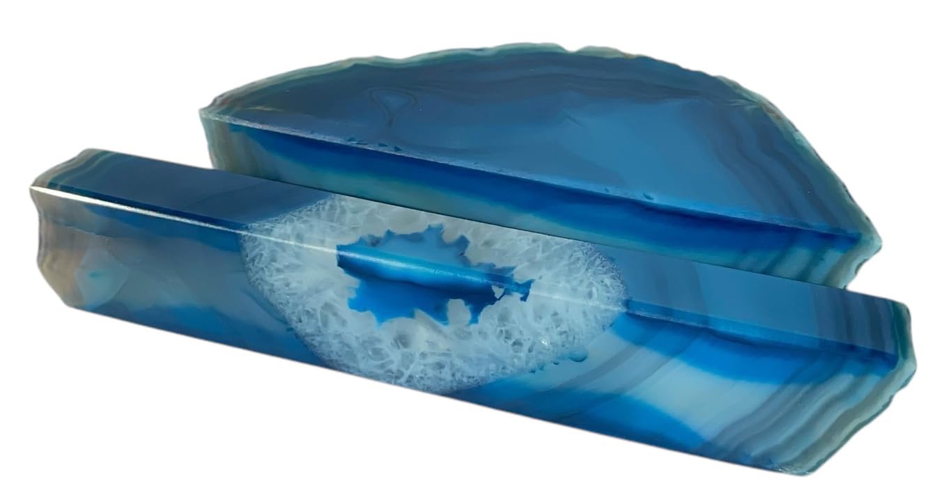 Craftsman Stoneworks Handcrafted Blue Agate Business Card Holder from Brazil - Elegant Desk Organizer and Display Stand for Women and Men - Unique Stone Art Piece (Blue)