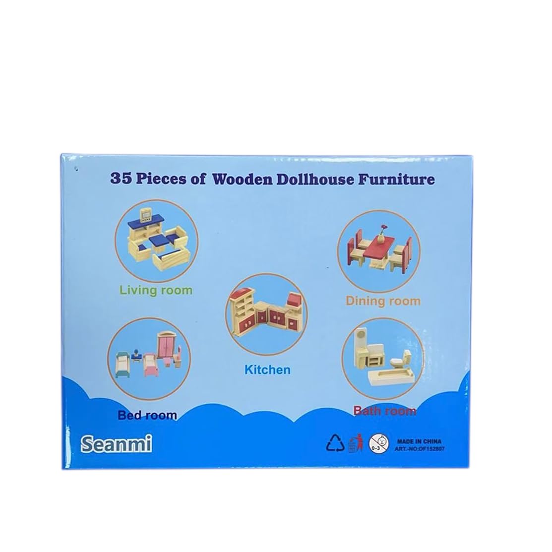 Seanmi Wooden Dollhouse Furniture - 5 Sets, 1:12 Scale Doll House Furnishings, 35 Pieces of Dollhouse Accessories (Living Room, Kitchen, Dining Room, Bedroom, Bathroom)