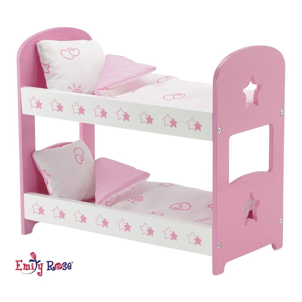 Emily Rose 14 Inch Doll Bunk Bed Set - Pink/White Wooden Furniture with 2 Complete Bedding Sets - Fits Wellie Wishers, Glitter Girls & 14” Dolls