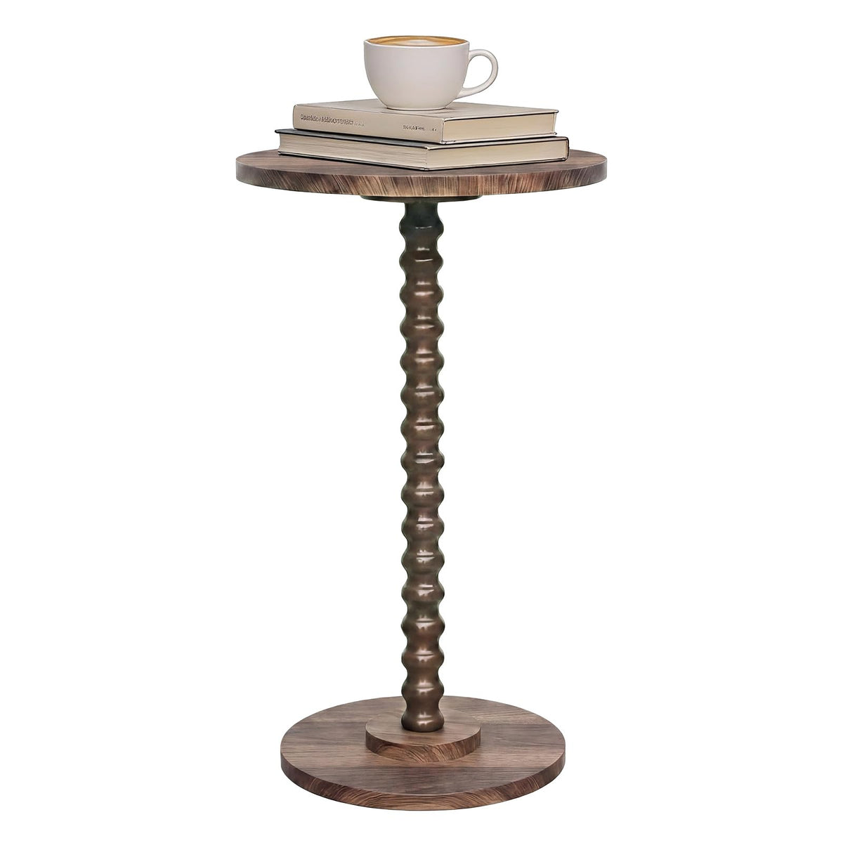 Round Side Table, Walnut Martini Drink Table for Small Spaces, Modern Pedestal Accent Tables with Wooden Leg, Small Round End Tables for Living Room, Bedroom, Balcony, Sofa Couch
