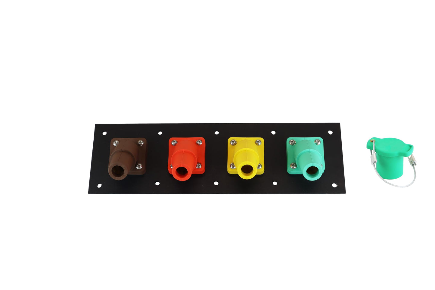 Power Assemblies 4 Position CAM Lock Panel, 400 Amp, 3 Phase 480V, Female, 45°, Threaded Post Connections with NEMA 3R Cap and Lanyard Covers, Series 16 CAM Connectors, Power Distribution Panel