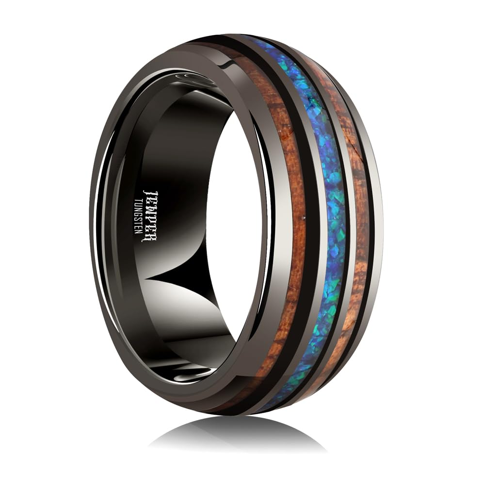 JEWPER 8mm Men Womens Wedding Band Tungsten Rings dark gun black Fashion Promise Carbide Inlaid blue opal koa Matte Finish Edge Comfort Fit Size(10)