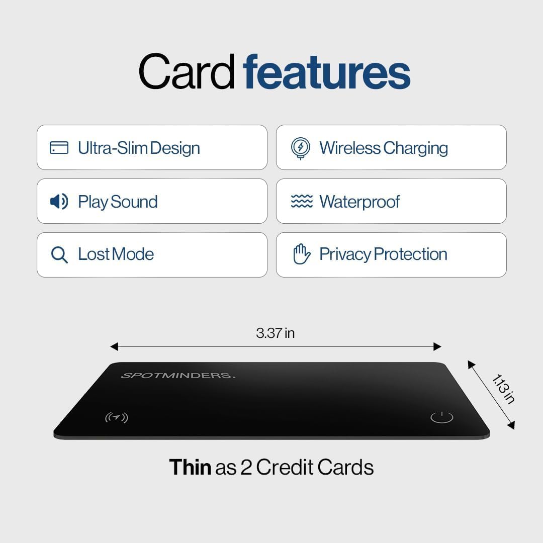 SPOTMINDERS Apple MFi Certified Wallet Tracker Card for Travel - Works with Apple Find My, IP68 Waterproof Rechargeable Tracking Card for Wallet Luggage Passport Purse - Ultra Slim 0.07in Item Finder