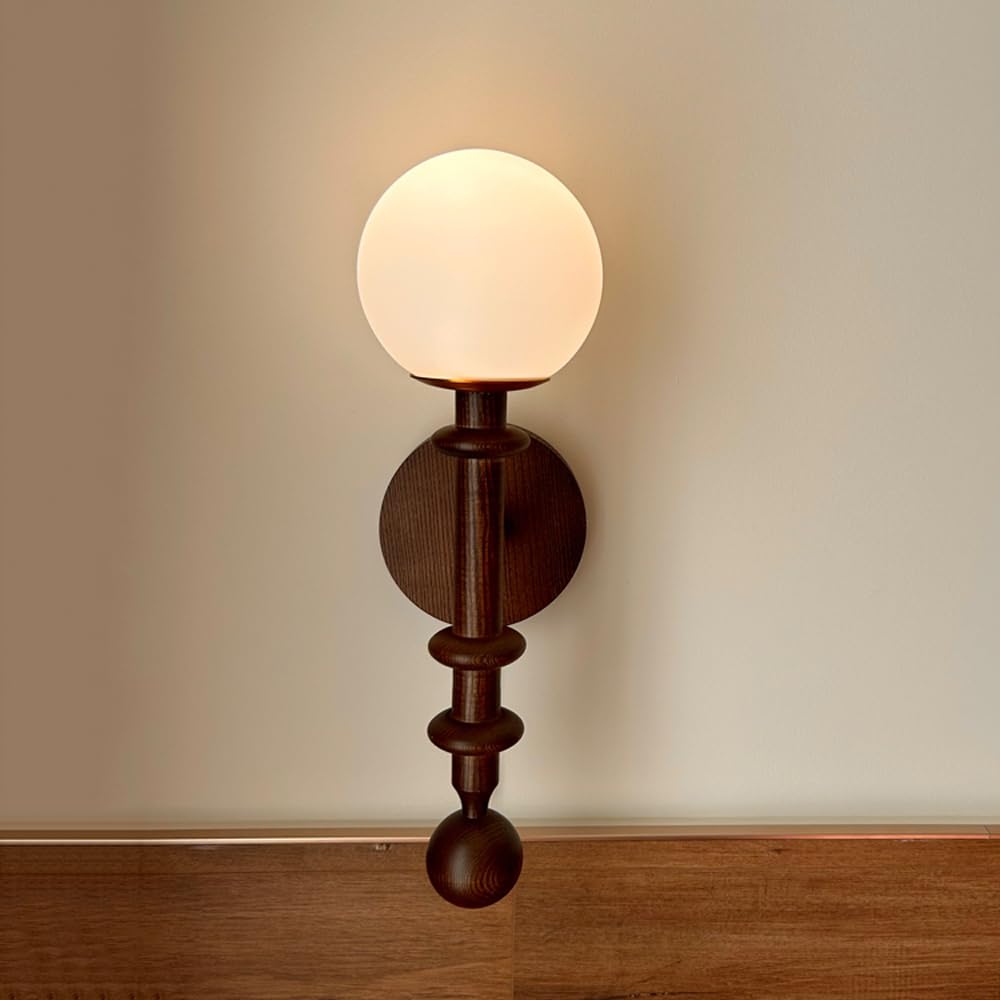 RXPVUXE Vintage Wood Wall Sconce Globe Glass Wall Lamp with Pull Chain Switch, Farmhouse Bedside Aisle Deco Lighting Fixture Retro Modern Wooden Wall Light for Living Room Hallway Stairs, E27