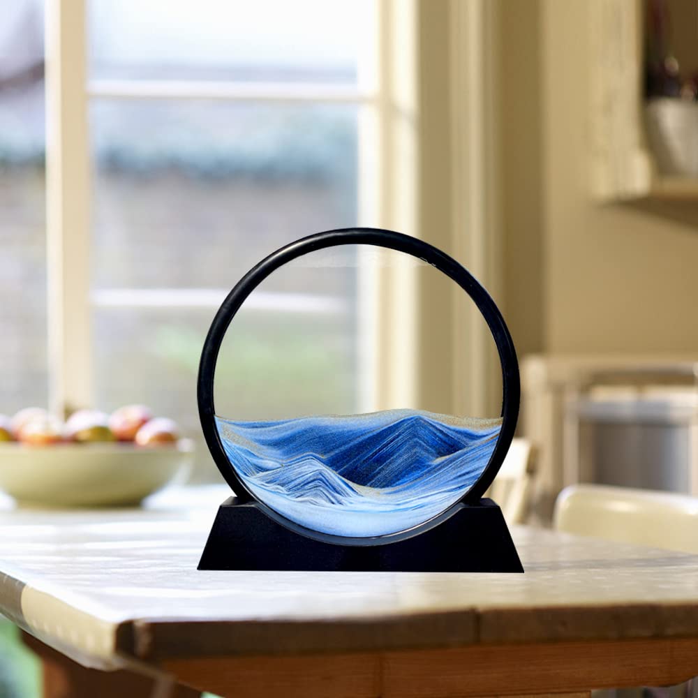 Aoderun Moving Sand Art Picture Round Glass 3D Deep Sea Sandscape in Motion Display Flowing Sand Frame Relaxing Desktop Home Office Work Decor (7", Blue)